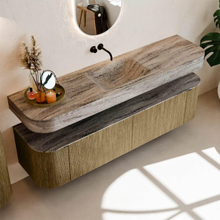 MONDIAZ THOR-DLUX 180cm meuble de salle de bains arrondi gauche + droite couleur Dusk avec 2 tiroirs et 2 portes. Vasque suspendue CLOUD Milieu sans trou de robinet couleur Oza.