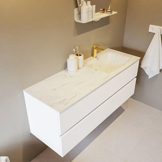 Mondiaz VICA-DLUX Ensemble de meuble de salle de bain - 130cm - meuble sous-vasque talc - 2 tiroirs - lavabo encastré cloud droite - 1 trou de robinet - version haute de 60cm - opalo