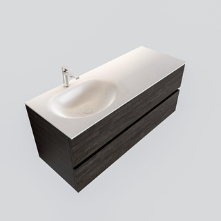 ENSEMBLE DE MEUBLE MONDIAZ VICA - 120cm - 2 tiroirs - lavabo Moon gauche - 1 trou de robinet - solid surface marron foncé