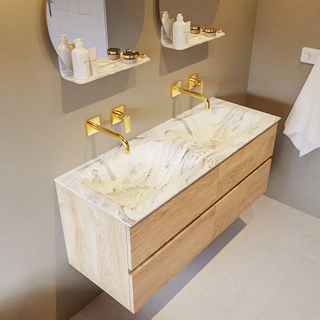 Mondiaz VICA-DLUX ensemble de meuble de salle de bain - 120cm - meuble sous-vasque chêne blanchi - 4 tiroirs - lavabo encastré cloud double - sans trous de robinet - version haute de 60cm - glace