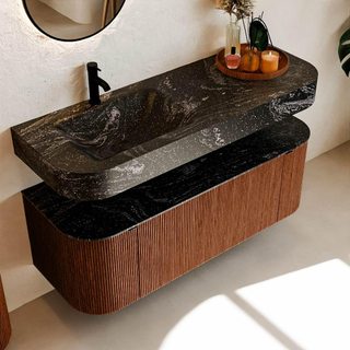 MONDIAZ THOR-DLUX 130cm meuble de salle de bains arrondi gauche + droite couleur Ruby avec 1 tiroir et 2 portes. Vasque suspendue CLOUD Gauche 1 trou de robinet couleur Lava.