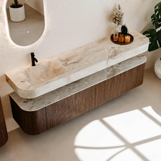 MONDIAZ THOR-DLUX 200cm meuble de salle de bains arrondi gauche + droite couleur Walnut avec 2 tiroirs et 2 portes. Vasque suspendue CLOUD Gauche 1 trou de robinet couleur Frappe.