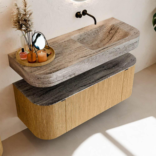 MONDIAZ THOR-DLUX 120cm badmeubel ronding links + rechts kleur Oak met 1 lade en 2 deuren. Vrijhangende wastafel CLOUD Rechts zonder kraangat kleur Oza.