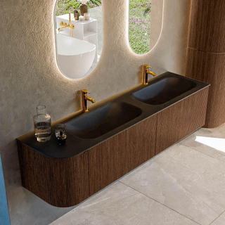 MONDIAZ KURVE 175cm badmeubel met module 25 L kleur Walnut met 2 lades en 1 deur. Wastafel BIG SMALL dubbel / rechts 2 kraangaten Urban.