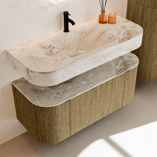 MONDIAZ THOR-DLUX 110cm meuble de salle de bains arrondi gauche + droite couleur Dusk avec 1 tiroir et 2 portes. Vasque suspendue CLOUD Milieu 1 trou de robinet couleur Frappe.