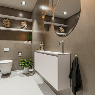 MONDIAZ TURE Kit lave-mains - 120x23x50cm - 1 trou de robinet - 2 portes - lin mat - Lavabo à droite - Solid Surface Blanc