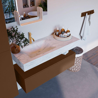 Mondiaz ALAN-DLUX Ensemble de meuble - 110cm - meuble Rust mat - 1 tiroir - Lavabo Cloud Opalo suspendu - vasque Gauche - 1 trou de robinet