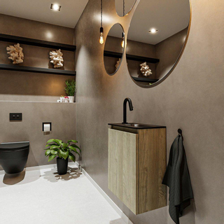 MONDIAZ TURE Fonteinset 40x23x50cm 1 kraangat 1 deur light brown grey mat Wasbak rechts Solid Surface Zwart met hotbath fonteinkraan opbouw chroom SHOWROOMMODEL