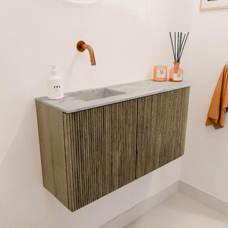 Mondiaz JOYA-DLUX 81.6cm toiletmeubel - ronding rechts kleur Dusk - Wastafel FAYE positie Links Zonder kraangat kleur Glace.