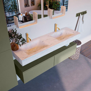 Mondiaz ALAN-DLUX Ensemble de meuble - 150cm - meuble Army mat - 2 tiroirs - Lavabo Cloud Opalo suspendu - vasque Gauche et droite - 2 trous de robinet