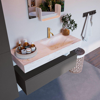 Mondiaz ALAN-DLUX Ensemble de meuble - 110cm - meuble Dark grey mat - 1 tiroir - Lavabo Cloud Ostra suspendu - vasque Droite - 1 trou de robinet