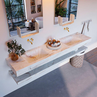 Mondiaz ALAN-DLUX Ensemble de meuble - 200cm - meuble Frappe mat - 0 tiroirs - Lavabo Cloud Frappe suspendu - vasque Gauche et droite - 0 trous de robinet