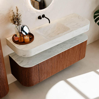 MONDIAZ THOR-DLUX 140cm meuble de salle de bains arrondi gauche + droite couleur Ruby avec 1 tiroir et 2 portes. Vasque suspendue CLOUD Centre sans trou de robinet couleur Opalo.