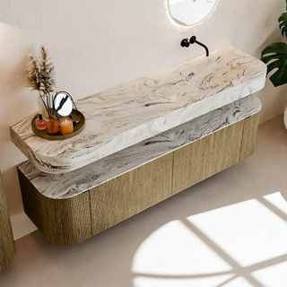 MONDIAZ THOR-DLUX 180cm meuble de salle de bains arrondi gauche + droite couleur Dusk avec 2 tiroirs et 2 portes. Vasque suspendue CLOUD Droite sans trou de robinet couleur Glace.