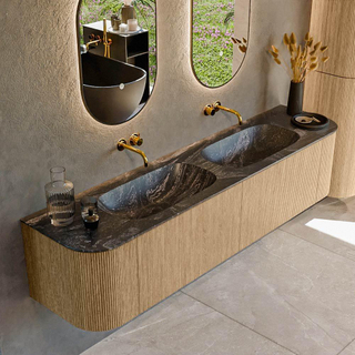 MONDIAZ KURVE-DLUX 190cm Meuble salle de bain avec module 25 G et D - couleur Oak - 2 tiroirs - 2 portes - vasque STOR SMALL double - sans trou de robinet - couleur Lava