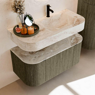 MONDIAZ THOR-DLUX 100cm meuble de salle de bains arrondi gauche + droite couleur Shadow avec 1 tiroir et 2 portes. Vasque suspendue CLOUD Droite 1 trou de robinet couleur Frappe.