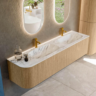 MONDIAZ KURVE-DLUX 175cm Meuble salle de bain avec module 25 G - couleur Oak - 2 tiroirs - 1 porte - vasque STOR SMALL double / droite - 2 trous de robinet - couleur Glace