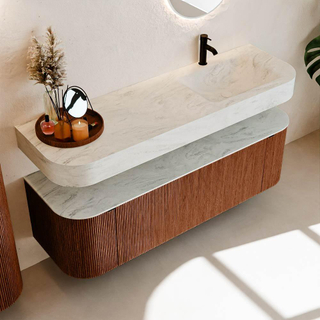 MONDIAZ THOR-DLUX 150cm meuble de salle de bains arrondi gauche + droite couleur Ruby avec 1 tiroir et 2 portes. Vasque suspendue CLOUD Droite 1 trou de robinet couleur Opalo.