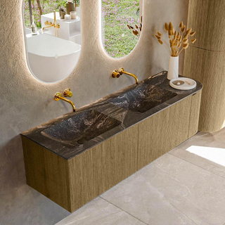 Ensemble de meuble de salle de bain Mondiaz KURVE-DLUX - 155x46x40cm - 2 tiroirs - 1 porte - lavabo en solid surface - double / gauche - sans trou de robinet - Dusk