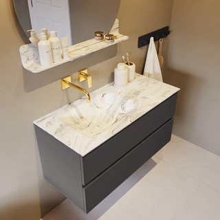 Mondiaz VICA-DLUX ensemble de meuble de salle de bain - 100cm - meuble sous-vasque gris foncé - 2 tiroirs - lavabo encastré cloud gauche - sans trous de robinet - version haute de 60cm - glace