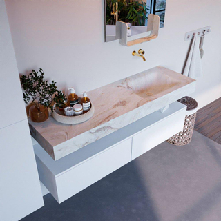 Mondiaz ALAN-DLUX Ensemble de meuble - 150cm - meuble Talc mat - 2 tiroirs - Lavabo Cloud Frappe suspendu - vasque Droite - 0 trous de robinet