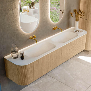 MONDIAZ KURVE 200cm Meuble salle de bain avec module 25 G et D - couleur Oak - 2 tiroirs - 2 portes - vasque BIG SMALL double - sans trous de robinet - Talc