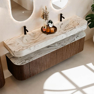 MONDIAZ THOR-DLUX 180cm meuble de salle de bains arrondi gauche + droite couleur Walnut avec 2 tiroirs et 2 portes. Vasque suspendue CLOUD Double 2 trous de robinet couleur Glace.