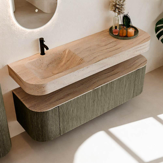 MONDIAZ THOR-DLUX 150cm meuble de salle de bains arrondi gauche + droite couleur Shadow avec 1 tiroir et 2 portes. Vasque suspendue CLOUD gauche 1 trou de robinet couleur Saba.