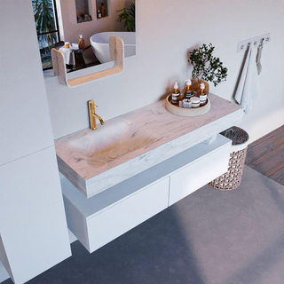 Mondiaz ALAN-DLUX Ensemble de meuble - 130cm - meuble Talc mat - 2 tiroirs - Lavabo Cloud Opalo suspendu - vasque Gauche - 1 trou de robinet