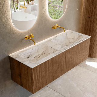 MONDIAZ KURVE-DLUX 130cm Meuble salle de bain - couleur Walnut - 2 tiroirs - vasque LEAF double - sans trou de robinet - couleur Glace