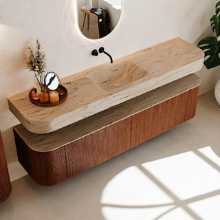 MONDIAZ THOR-DLUX Meuble de salle de bains - 190cm - arrondi gauche + droite - couleur Ruby - 2 tiroirs et 2 portes - Vasque suspendue CLOUD Milieu sans trou de robinet couleur Arena