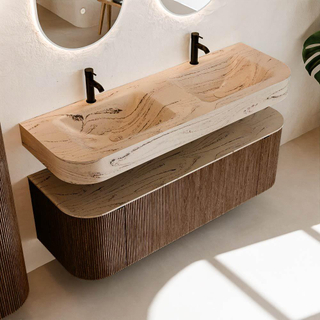 MONDIAZ THOR-DLUX 140cm meuble de salle de bains arrondi gauche + droite couleur Walnut avec 1 tiroir et 2 portes. Vasque suspendue CLOUD Double 2 trous de robinet couleur Arena.