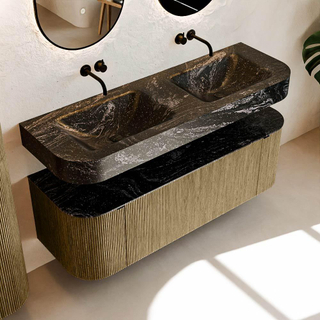 MONDIAZ THOR-DLUX 140cm meuble de salle de bains arrondi gauche + droite couleur Dusk avec 1 tiroir et 2 portes. Vasque suspendue CLOUD Double sans trou de robinet couleur Lava.