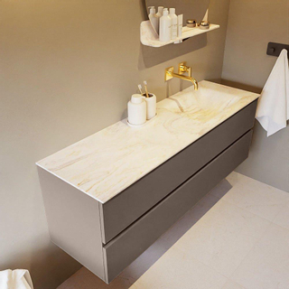 Mondiaz VICA-DLUX ensemble de meuble de salle de bain - 150cm - meuble sous-vasque fumée - 2 tiroirs - lavabo encastré cloud droite - sans trous de robinet - version haute de 60cm - ostra