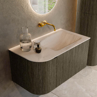 MONDIAZ KURVE-DLUX 85cm badmeubel ronding Links kleur Shadow met 1 lade en 1 deur. Wastafel CLOUD Rechts zonder kraangat Meli.