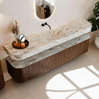 MONDIAZ THOR-DLUX 200cm meuble de salle de bains arrondi gauche + droite couleur Walnut avec 2 tiroirs et 2 portes. Vasque suspendue CLOUD Centre sans trou de robinet couleur Glace.