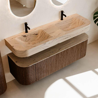 MONDIAZ THOR-DLUX 150cm meuble de salle de bains arrondi gauche + droite couleur Walnut avec 1 tiroir et 2 portes. Vasque suspendue CLOUD Double 2 trous de robinet couleur Arena.