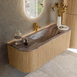 MONDIAZ KURVE-DLUX 130cm badmeubel ronding Links + Rechts kleur Oak met 1 lade en 2 deuren. Wastafel BIG SMALL Midden 1 kraangat Oza.