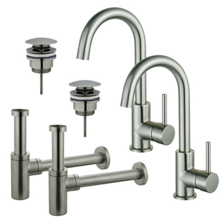FugaFlow Eccelente Sobrado Kit robinet lavabo - pour double vasque - robinet haut - bec rotatif - bonde clic clac - siphon design - Inox brossé PVD