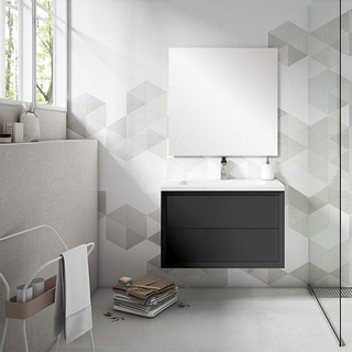 Adema Prime Core Ensemble de meuble - 80x50x45cm - 1 vasque rectangulaire en céramique Blanc - 1 trous de robinet - 2 tiroirs - avec miroir rectangulaire - Noir mat