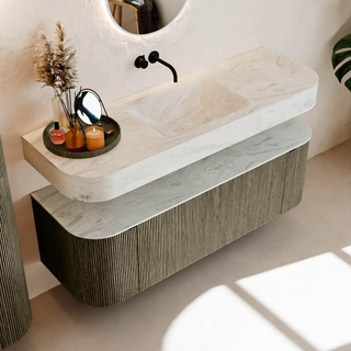 MONDIAZ THOR-DLUX Meuble de salle de bains 140cm arrondi gauche + droite couleur Shadow avec 1 tiroir et 2 portes. Vasque suspendue CLOUD Milieu sans trou de robinet couleur Opalo.