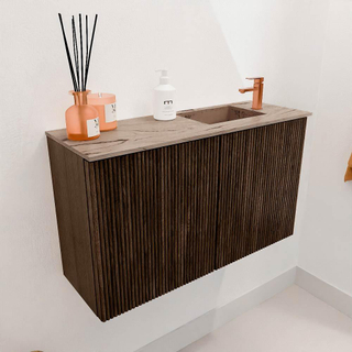 Mondiaz JOYA-DLUX 70cm toiletmeubel - kleur Walnut - Wastafel FAYE positie Rechts 1 kraangat kleur Arena.