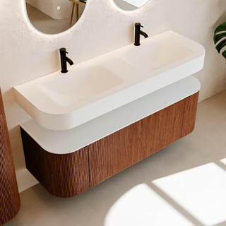 MONDIAZ THOR 140cm meuble de salle de bains arrondi gauche + droite couleur Ruby avec 1 tiroir et 2 portes. Vasque suspendue CLOUD Double 2 trous de robinet couleur Talc.