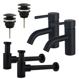 FugaFlow Eccelente Sobrado Kit robinet lavabo - pour double vasque - robinet bas - bonde clic clac - siphon design bas - Noir mat