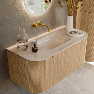 MONDIAZ KURVE-DLUX 100cm badmeubel ronding Links + Rechts kleur Oak met 1 lade en 2 deuren. Wastafel GRUNNE Midden zonder kraangat Meli.