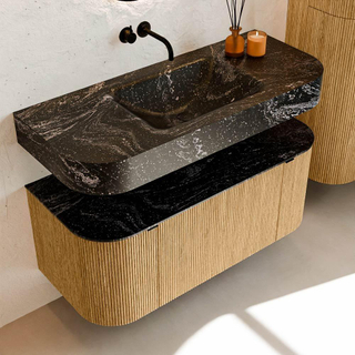 MONDIAZ THOR-DLUX 110cm meuble de salle de bains arrondi gauche + droite couleur Oak avec 1 tiroir et 2 portes. Vasque suspendue CLOUD Milieu sans trou de robinet couleur Lava.