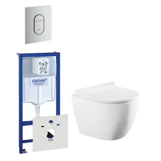 QeramiQ Salina Compact toiletset bestaande uit inbouwreservoir, compact wandcloset met toiletzitting en bedieningsplaat verticaal mat chroom