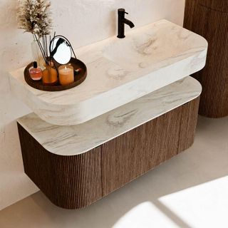 MONDIAZ THOR-DLUX 110cm badmeubel ronding links + rechts kleur Walnut met 1 lade en 2 deuren. Vrijhangende wastafel CLOUD Rechts 1 kraangat kleur Ostra.