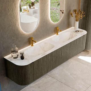 Mondiaz KURVE-DLUX Ensemble de meuble salle de bain - 200x46x40cm - 2 tiroirs - 2 portes - lavabo en solid surface - double - 2 trous de robinet - Shadow