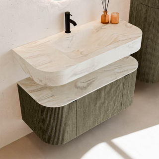 MONDIAZ THOR-DLUX 100cm meuble de salle de bains arrondi gauche + droite couleur Shadow avec 1 tiroir et 2 portes. Vasque suspendue CLOUD Milieu 1 trou de robinet couleur Ostra.